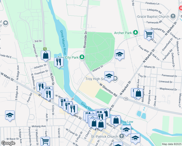 map of restaurants, bars, coffee shops, grocery stores, and more near 517 West Staunton Road in Troy