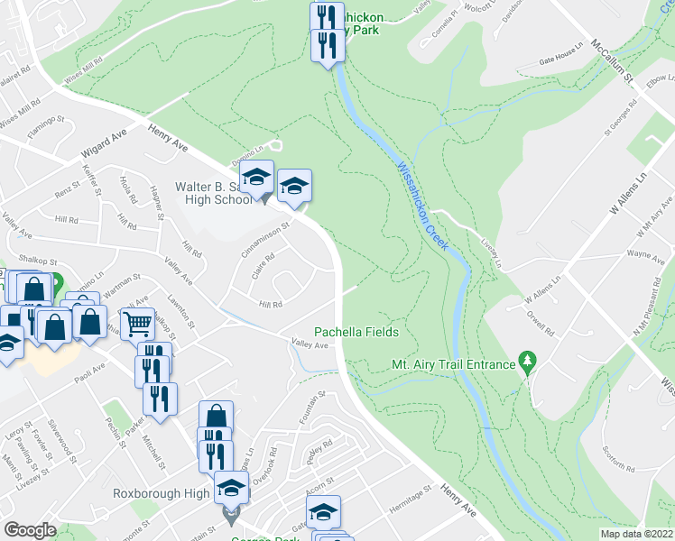 map of restaurants, bars, coffee shops, grocery stores, and more near Henry Avenue & Crease Lane in Philadelphia