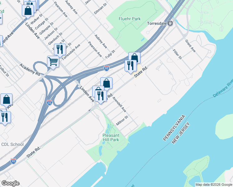 map of restaurants, bars, coffee shops, grocery stores, and more near 9303 State Road in Philadelphia