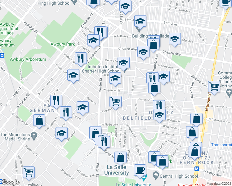 map of restaurants, bars, coffee shops, grocery stores, and more near 6056 North 21st Street in Philadelphia