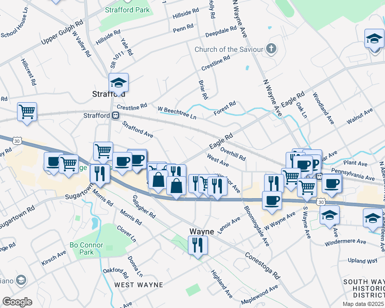 map of restaurants, bars, coffee shops, grocery stores, and more near 321 Eagle Road in Wayne