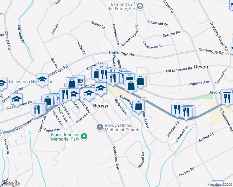 map of restaurants, bars, coffee shops, grocery stores, and more near 16 Midland Avenue in Berwyn