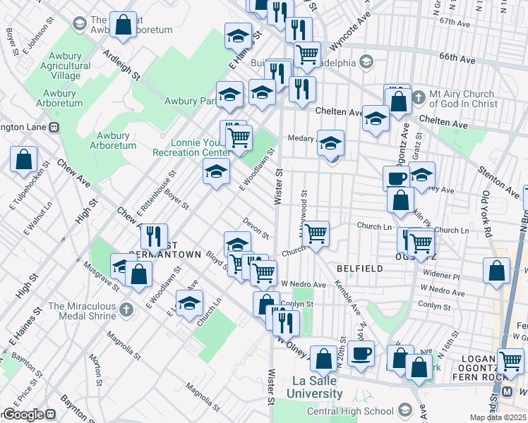 map of restaurants, bars, coffee shops, grocery stores, and more near 5523 Sprague Street in Philadelphia