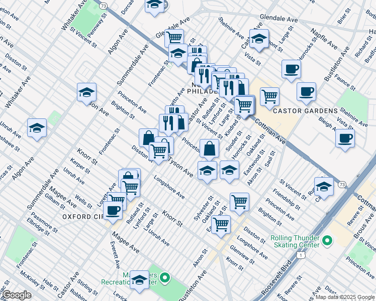 map of restaurants, bars, coffee shops, grocery stores, and more near 7040 Lynford Street in Philadelphia