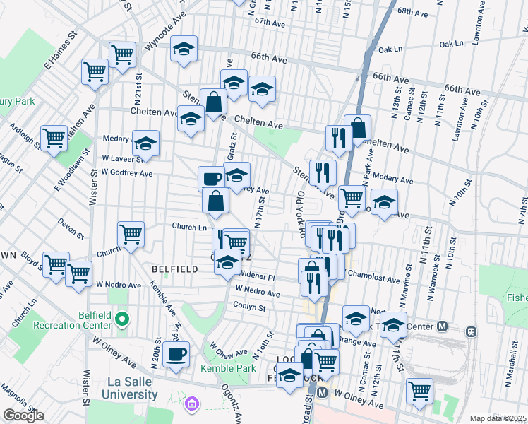 map of restaurants, bars, coffee shops, grocery stores, and more near 6143 North 17th Street in Philadelphia