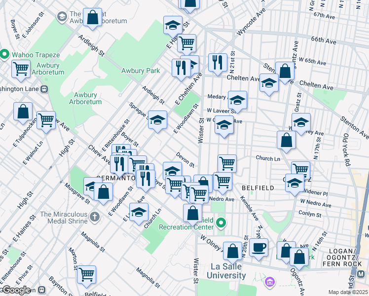 map of restaurants, bars, coffee shops, grocery stores, and more near 976 East Locust Avenue in Philadelphia