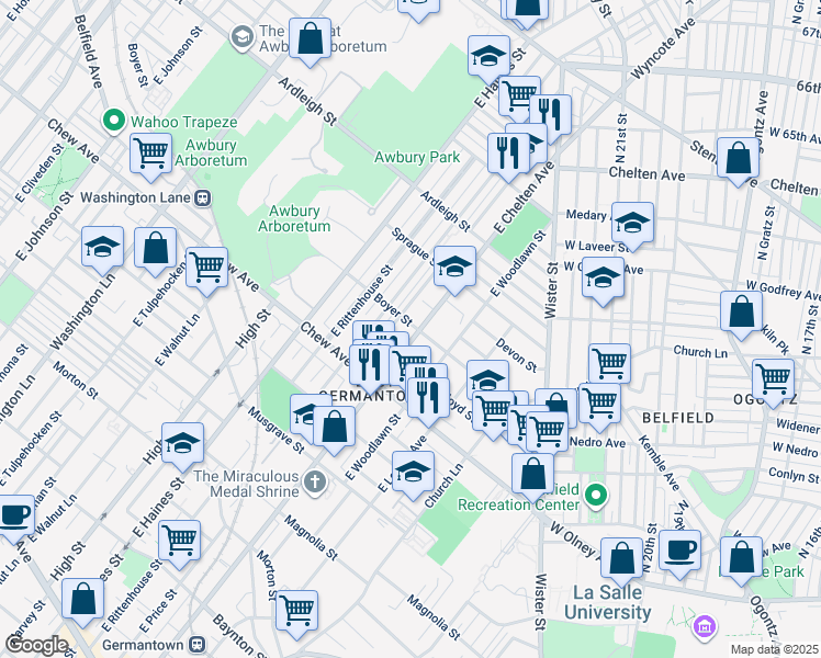 map of restaurants, bars, coffee shops, grocery stores, and more near 863 East Chelten Avenue in Philadelphia