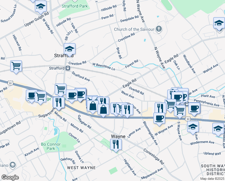 map of restaurants, bars, coffee shops, grocery stores, and more near 321 Eagle Road in Wayne