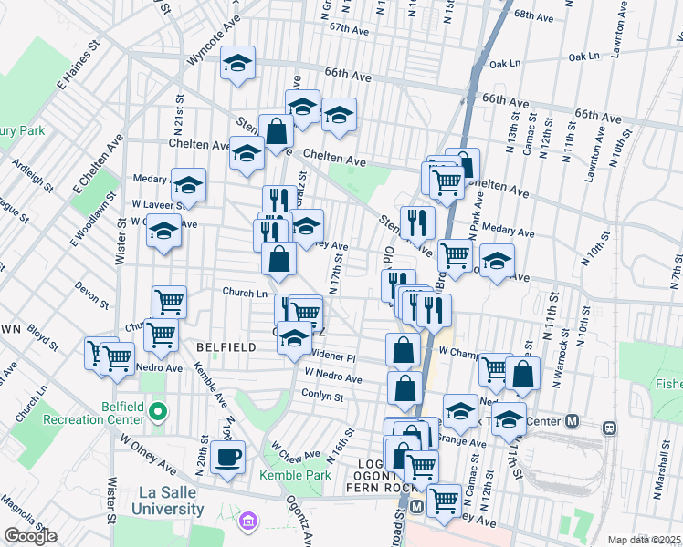 map of restaurants, bars, coffee shops, grocery stores, and more near 6143 North 17th Street in Philadelphia