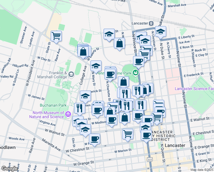 map of restaurants, bars, coffee shops, grocery stores, and more near 614 North Charlotte Street in Lancaster