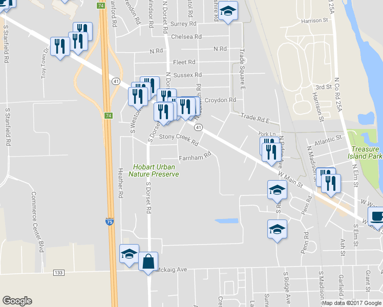 map of restaurants, bars, coffee shops, grocery stores, and more near 1375 Farnham Road in Troy