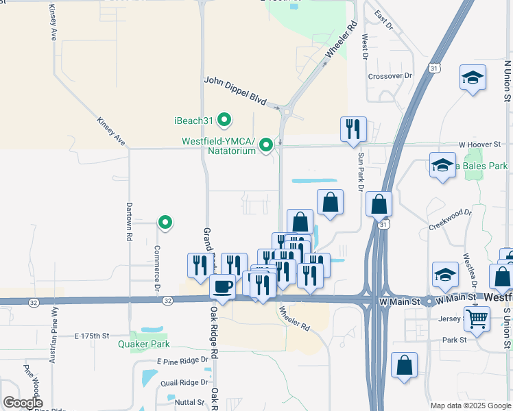 map of restaurants, bars, coffee shops, grocery stores, and more near 17932 Wheeler Rd in Westfield