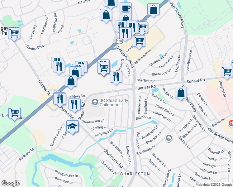 map of restaurants, bars, coffee shops, grocery stores, and more near 73 Somerset Drive in Willingboro