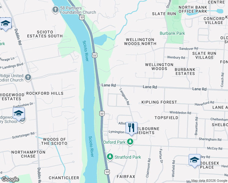 map of restaurants, bars, coffee shops, grocery stores, and more near 2798 Brackley Road in Upper Arlington