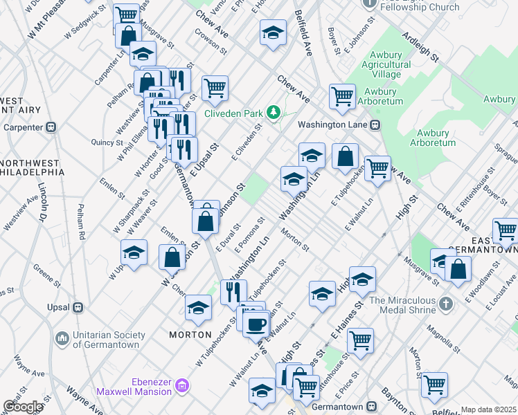 map of restaurants, bars, coffee shops, grocery stores, and more near 6329 Morton Street in Philadelphia