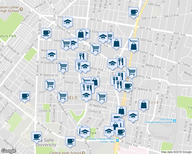 map of restaurants, bars, coffee shops, grocery stores, and more near 6134 North 17th Street in Philadelphia
