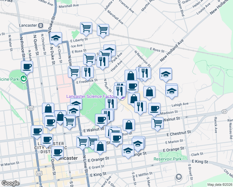 map of restaurants, bars, coffee shops, grocery stores, and more near 529 North Plum Street in Lancaster