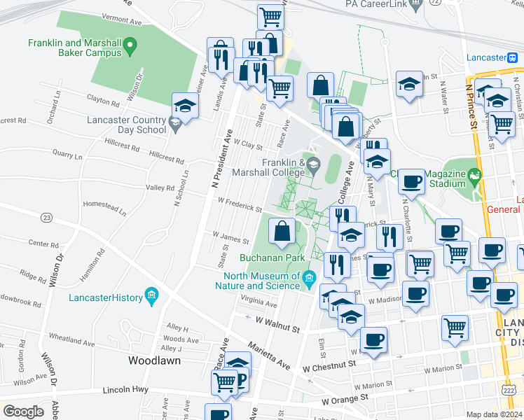 map of restaurants, bars, coffee shops, grocery stores, and more near 600 Race Ave in Lancaster