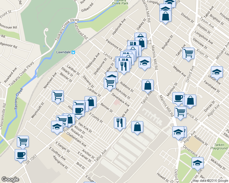 map of restaurants, bars, coffee shops, grocery stores, and more near 6201 Rising Sun Avenue in Philadelphia