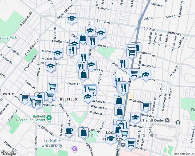 map of restaurants, bars, coffee shops, grocery stores, and more near 6134 North 17th Street in Philadelphia