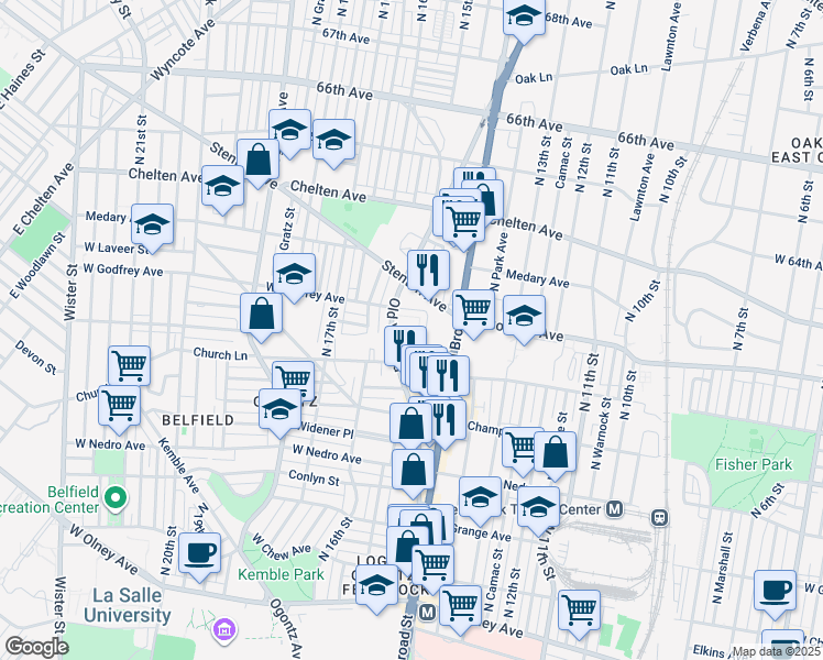 map of restaurants, bars, coffee shops, grocery stores, and more near 6137 1/2 Old York Road in Philadelphia