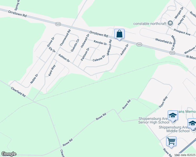 map of restaurants, bars, coffee shops, grocery stores, and more near 1136 Ashton Drive in Shippensburg