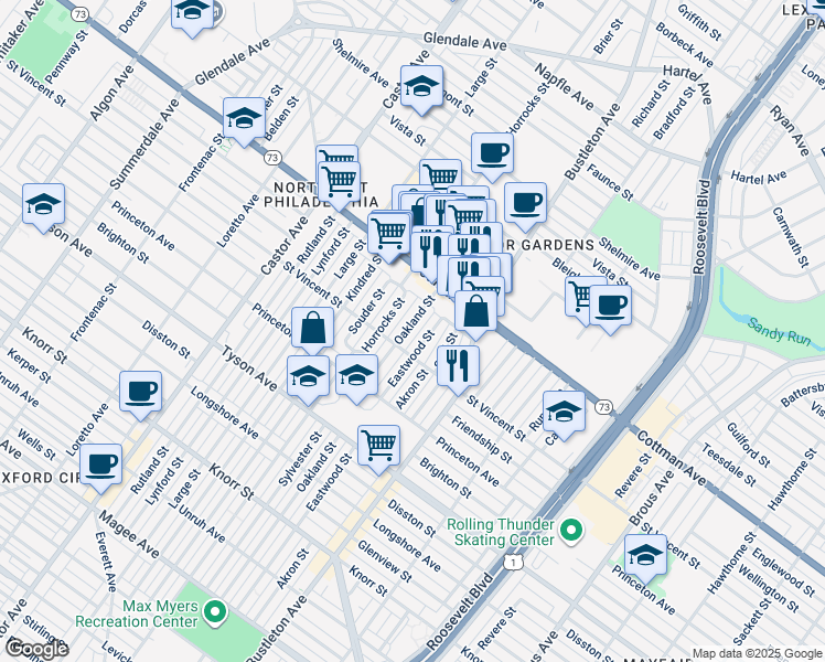 map of restaurants, bars, coffee shops, grocery stores, and more near 7223 Oakland Street in Philadelphia