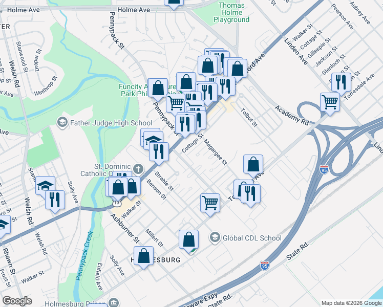 map of restaurants, bars, coffee shops, grocery stores, and more near 8731 Gillespie Street in Philadelphia