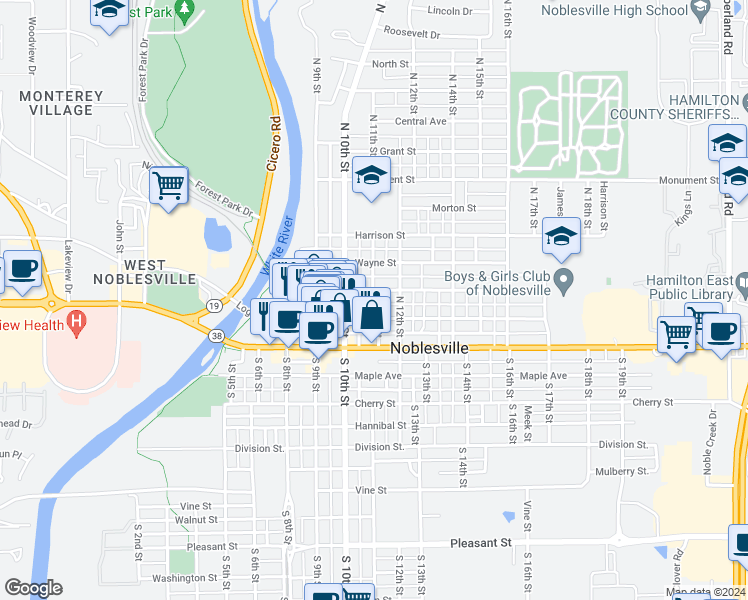 map of restaurants, bars, coffee shops, grocery stores, and more near 155 North 11th Street in Noblesville
