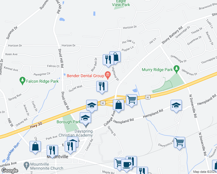map of restaurants, bars, coffee shops, grocery stores, and more near 308 Primrose Lane in Mountville