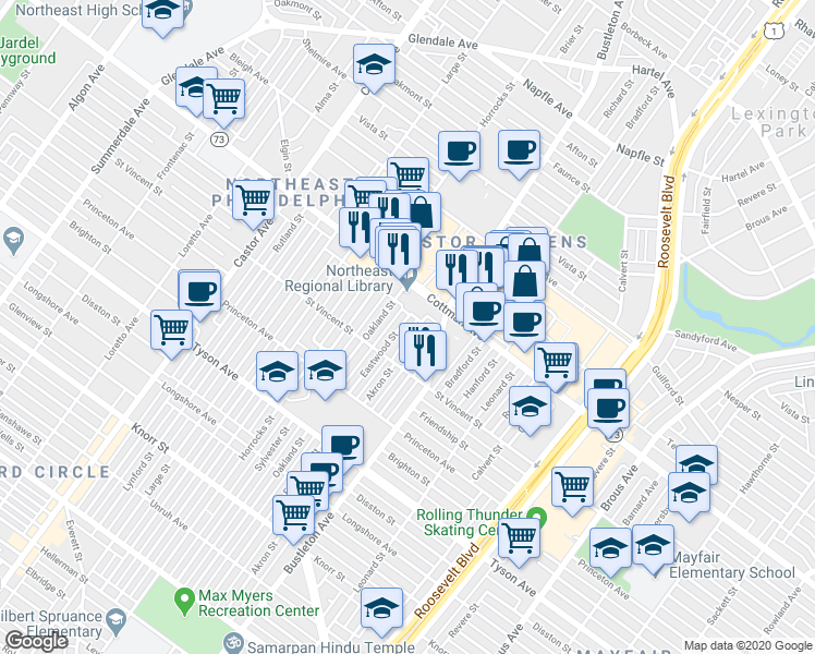 map of restaurants, bars, coffee shops, grocery stores, and more near 7243 Eastwood Street in Philadelphia