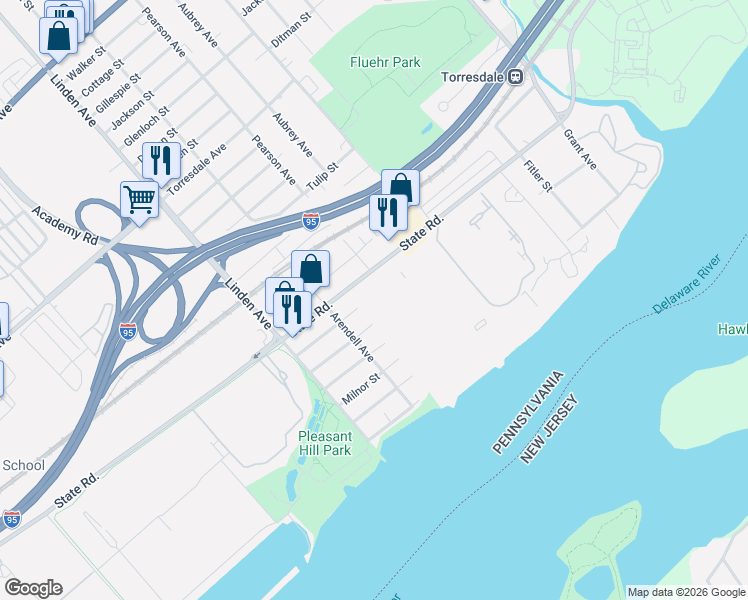 map of restaurants, bars, coffee shops, grocery stores, and more near 50203 Delaire Landing Road in Philadelphia