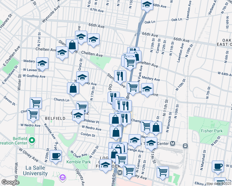 map of restaurants, bars, coffee shops, grocery stores, and more near 6137 1/2 Old York Road in Philadelphia