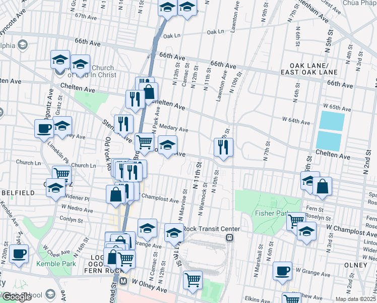 map of restaurants, bars, coffee shops, grocery stores, and more near 1125 West Godfrey Avenue in Philadelphia