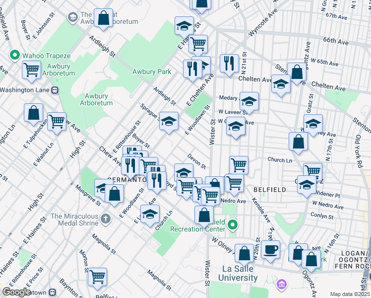 map of restaurants, bars, coffee shops, grocery stores, and more near 5611 Devon Street in Philadelphia