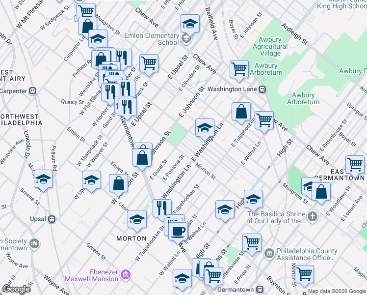 map of restaurants, bars, coffee shops, grocery stores, and more near 6329 Morton Street in Philadelphia