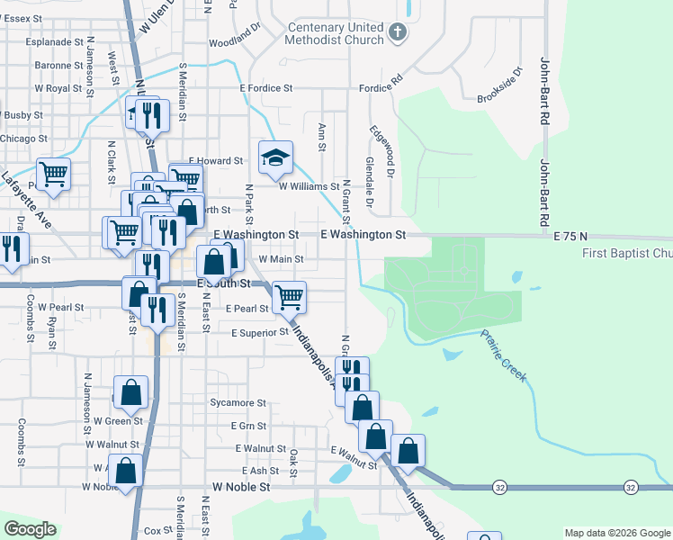 map of restaurants, bars, coffee shops, grocery stores, and more near 111 South Grant Street in Lebanon