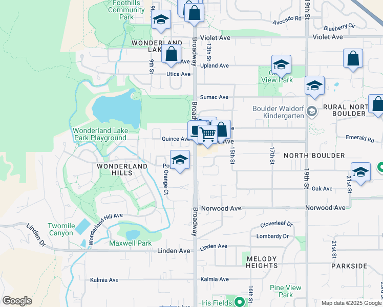 map of restaurants, bars, coffee shops, grocery stores, and more near 3979 Springleaf Lane in Boulder