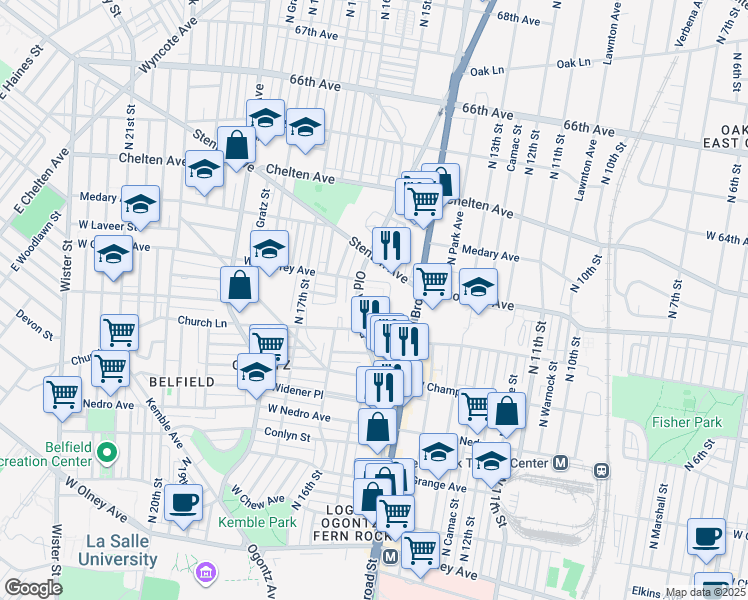 map of restaurants, bars, coffee shops, grocery stores, and more near 6135 1/2 Old York Road in Philadelphia