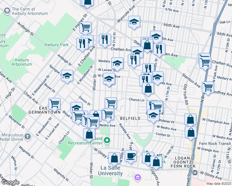 map of restaurants, bars, coffee shops, grocery stores, and more near 2026 West Spencer Avenue in Philadelphia