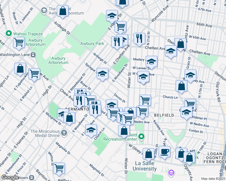 map of restaurants, bars, coffee shops, grocery stores, and more near 5611 Devon Street in Philadelphia