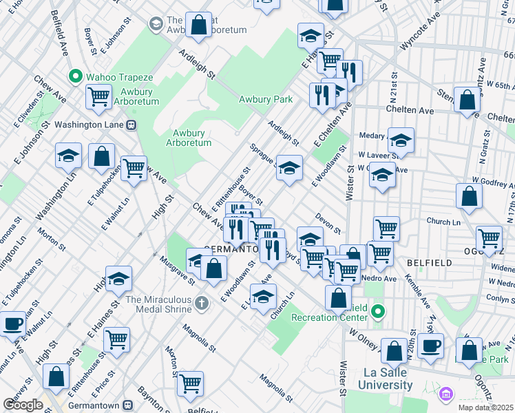 map of restaurants, bars, coffee shops, grocery stores, and more near 5704 Boyer Street in Philadelphia
