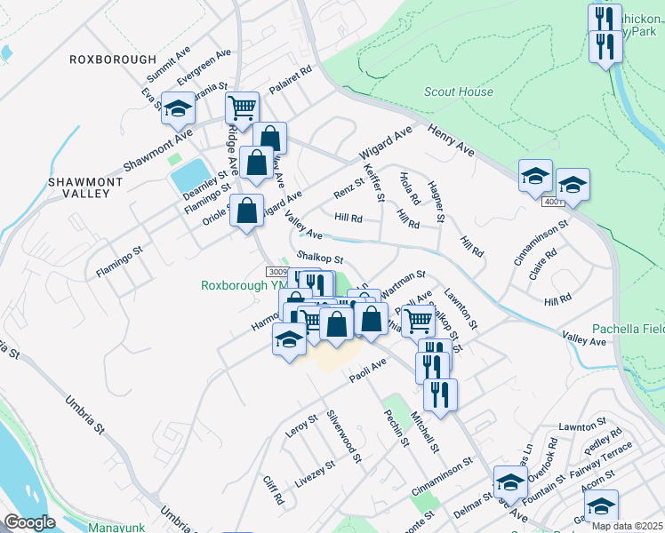 map of restaurants, bars, coffee shops, grocery stores, and more near 7228 Shalkop Street in Philadelphia