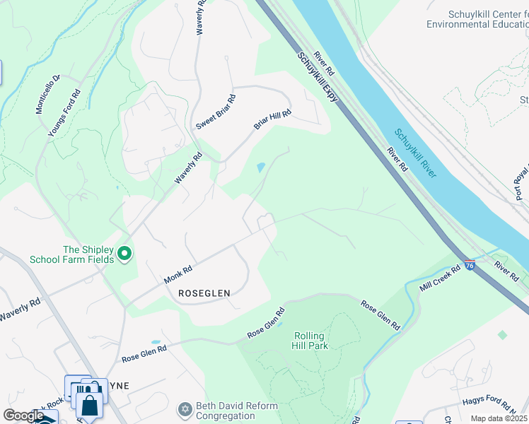 map of restaurants, bars, coffee shops, grocery stores, and more near 1510 Monk Road in Gladwyne