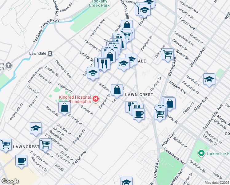 map of restaurants, bars, coffee shops, grocery stores, and more near 611 Robbins Street in Philadelphia