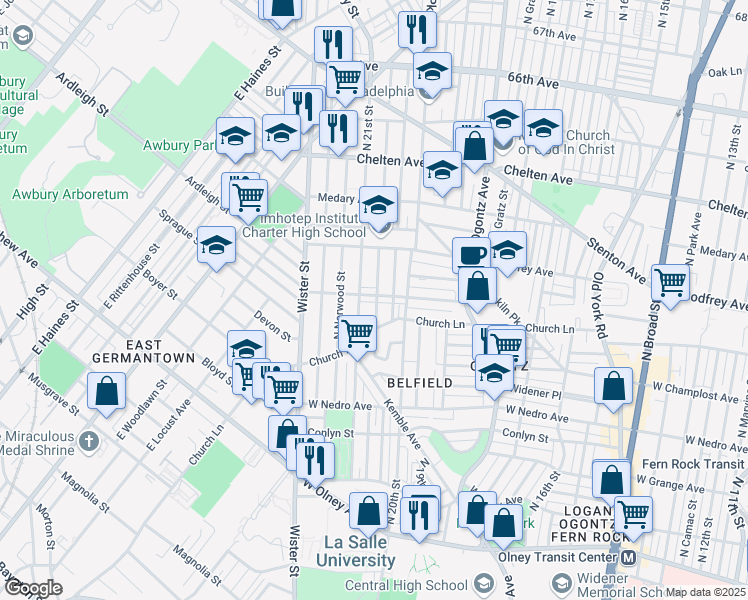 map of restaurants, bars, coffee shops, grocery stores, and more near 2026 West Spencer Avenue in Philadelphia