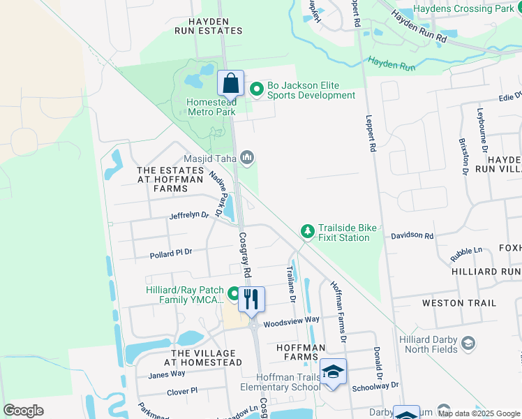 map of restaurants, bars, coffee shops, grocery stores, and more near 4740 Halle Circle in Hilliard