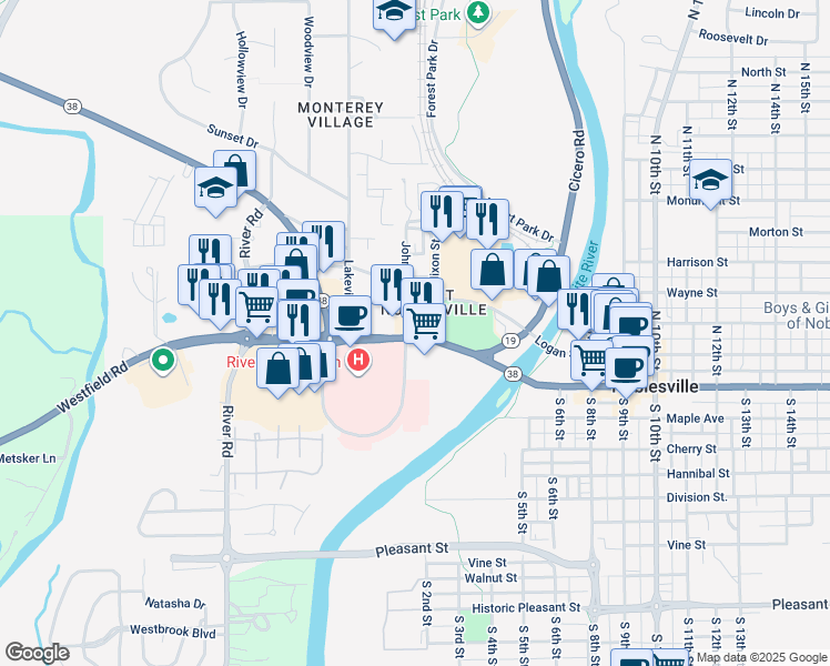 map of restaurants, bars, coffee shops, grocery stores, and more near 250 Conner Street in Noblesville