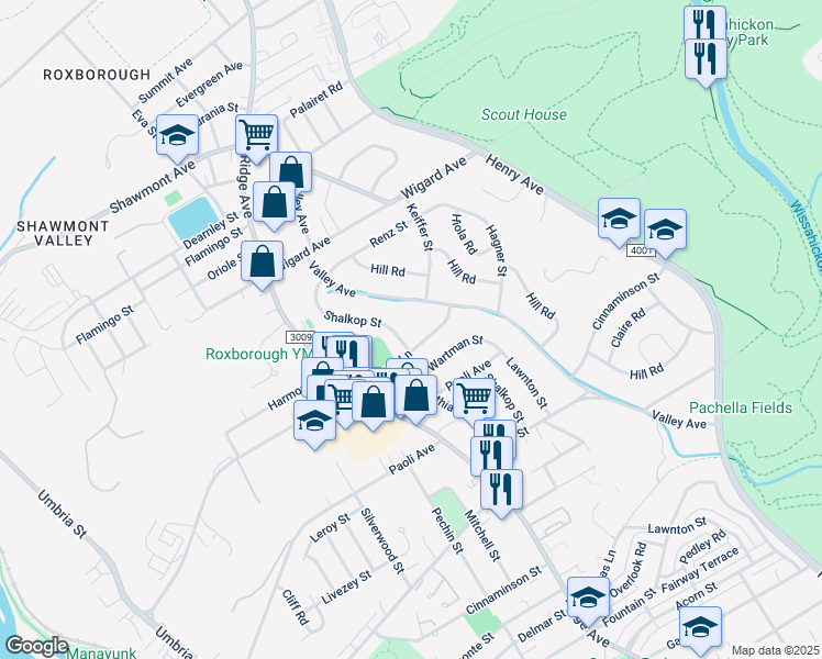 map of restaurants, bars, coffee shops, grocery stores, and more near 7203 Shalkop Street in Philadelphia