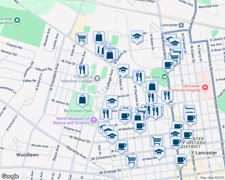 map of restaurants, bars, coffee shops, grocery stores, and more near 630 North Pine Street in Lancaster